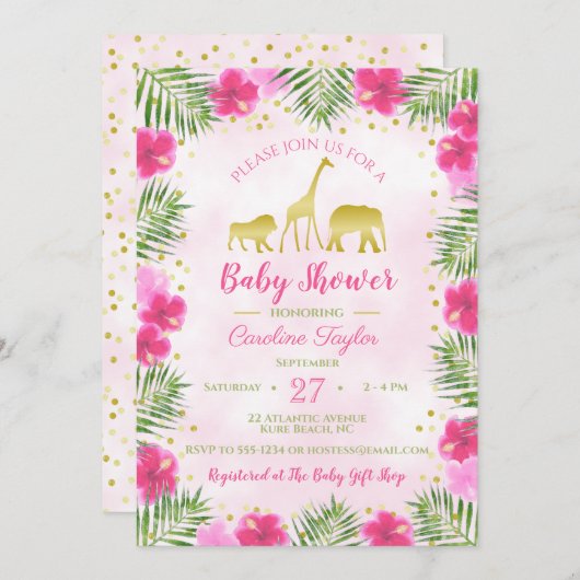 ピンクの金ゴールドサファリ動物のフローラ赤ちゃんシャワー 招待状 (正面/裏面)