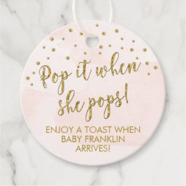 ピンクの金ゴールドシャンパンのラベルポップ・アートのは、彼女がポップするとき フェイバータグ
