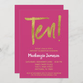 ピンクの金ゴールドスクリプト10th誕生日パーティーへの招待 招待状 (正面/裏面)