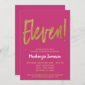 ピンクの金ゴールドスクリプト11th誕生日パーティーへの招待 招待状 (正面/裏面)