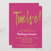 ピンクの金ゴールドスクリプト12th誕生日パーティーへの招待 招待状 (正面/裏面)