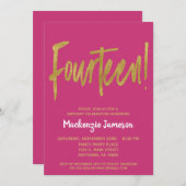 ピンクの金ゴールドスクリプト14th誕生日パーティーへの招待 招待状 (正面/裏面)