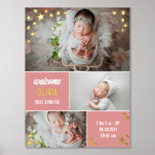 ピンクの金ゴールドスターズウェルカムベビーガールフォトコラージュ 箔ポスター (正面)