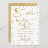 ピンクの金ゴールドスターズトゥインクルリトルスター1st誕生日 招待状 (正面/裏面)