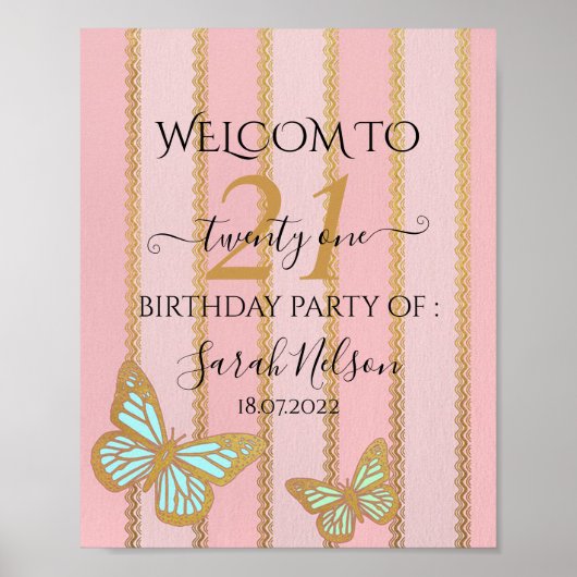 ピンクの金ゴールドストライプとバターフライ ポスター (正面)