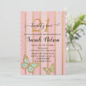 ピンクの金ゴールドストライプとバターフライ 招待状 (スタンド正面)