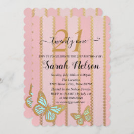 ピンクの金ゴールドストライプとバターフライ 招待状