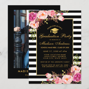 ピンクの金ゴールドストライプの卒業招待状 – フォトバック 招待状