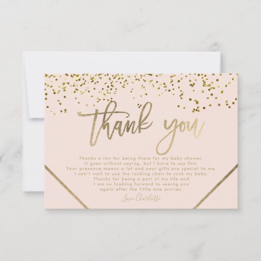 ピンクの金ゴールドストライプグリッター感謝していユー赤ちゃんシャワー サンキューカード (正面)