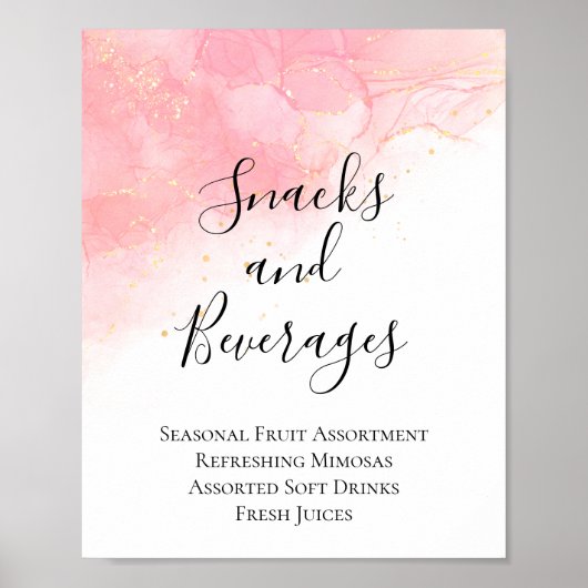 ピンクの金ゴールドスナックとドリンク赤ちゃんシャワーのサイン ポスター (正面)