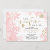 ピンクの金ゴールドスノーフレーク仮想ガールベビーシャワー 招待状 (正面)