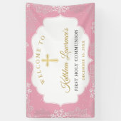 ピンクの金ゴールドスノーフレーク冬の最初のコミュニオンバナー 横断幕 (縦)