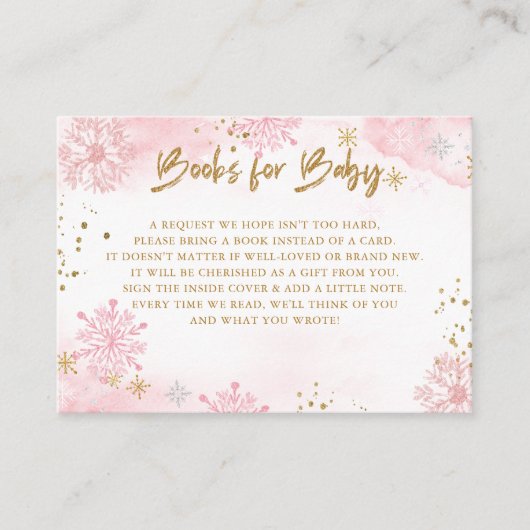 ピンクの金ゴールドスノーフレーク赤ちゃんシャワーブックリクエスト エンクロージャーカード (正面)