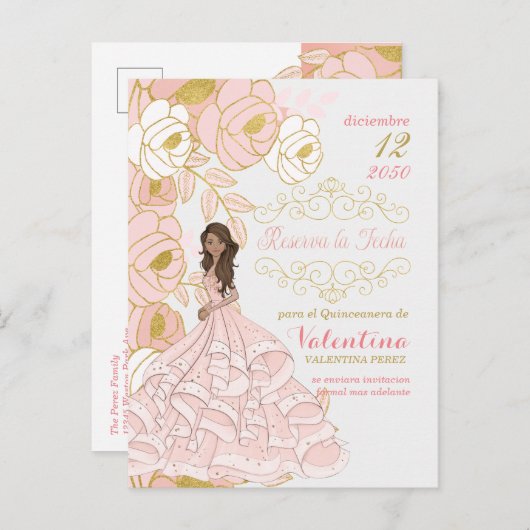 ピンクの金ゴールドスペインのフローラキンカネラ日付を保存 案内ポストカード (正面/裏面)