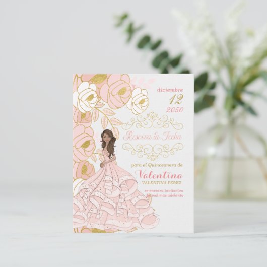 ピンクの金ゴールドスペインのフローラキンカネラ日付を保存 案内ポストカード (スタンド正面)