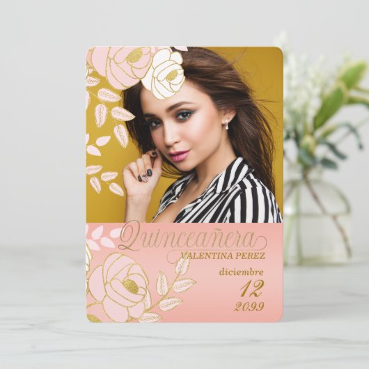 ピンクの金ゴールドスペインのフローラキンセアニェラと写真 招待状 (スタンド正面)