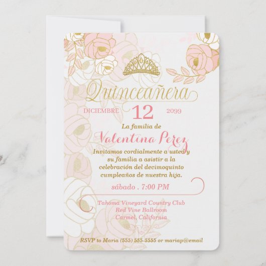 ピンクの金ゴールドスペインのフローラキンセアニェラと写真 招待状 (裏面)
