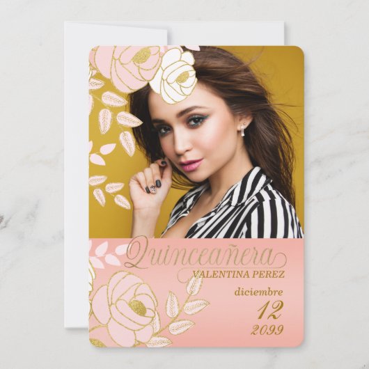 ピンクの金ゴールドスペインのフローラキンセアニェラと写真 招待状 (正面)