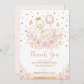 ピンクの金ゴールドスワンプリンセスバルーンガールベビーシャワー サンキューカード (正面/裏面)