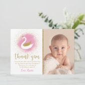 ピンクの金ゴールドスワン誕生日写真サンキューカード サンキューカード (スタンド正面)