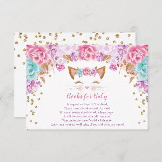 ピンクの金ゴールドティール（緑がかった色）フローラ子猫ブックベビー囲い エンクロージャーカード (正面/裏面)