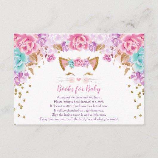 ピンクの金ゴールドティール(緑がかった色)フローラ子猫ブックベビー囲い エンクロージャーカード (正面)