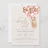 ピンクの金ゴールドテディベアバルーンガールバーリーウェイト 招待状 (正面)