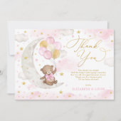 ピンクの金ゴールドテディベア月のバルーン雲の星 サンキューカード (正面)