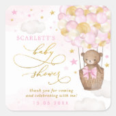 ピンクの金ゴールドテディベア熱い空気バルーンベビーガール スクエアシール (正面)