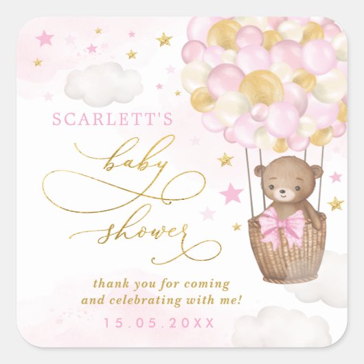 ピンクの金ゴールドテディベア熱い空気バルーンベビーガール スクエアシール (正面)