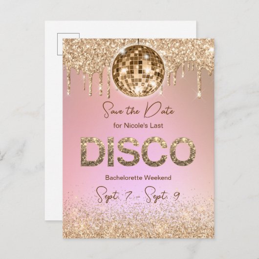 ピンクの金ゴールドディスコバチェロレッテ週末の保存日付 ポストカード (正面/裏面)