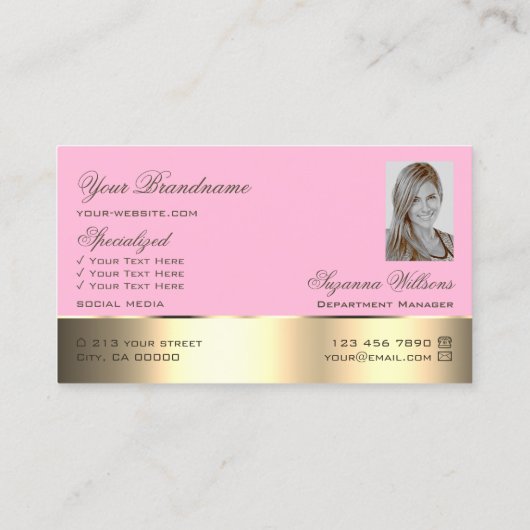 ピンクの金ゴールドデコールバラフラワーとロゴと写真 名刺 (裏面)