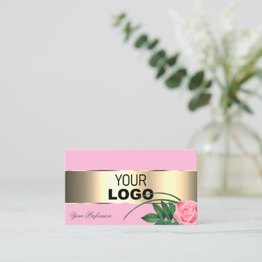 ピンクの金ゴールドデコールバラフラワーとロゴと写真 名刺 (スタンド正面)