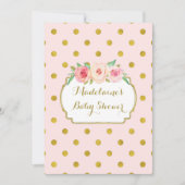ピンクの金ゴールドドット水色フローラベビーシャワー 招待状 (正面)