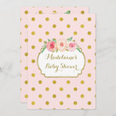 ピンクの金ゴールドドット水色フローラベビーシャワー 招待状 (正面/裏面)