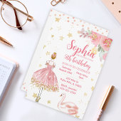 ピンクの金ゴールドハクチョウのバレリーナ誕生日の招待 招待状