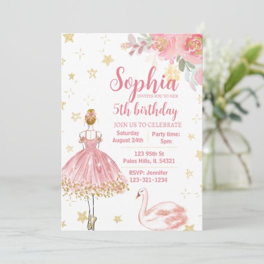 ピンクの金ゴールドハクチョウのバレリーナ誕生日の招待 招待状 (スタンド正面)