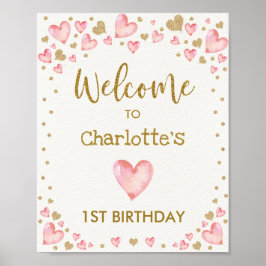 ピンクの金ゴールドハートウェルカムサイン最初の誕生日 ポスター