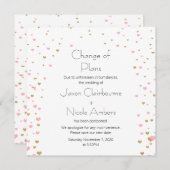 ピンクの金ゴールドハートカスケード計画の変更 招待状 (正面/裏面)