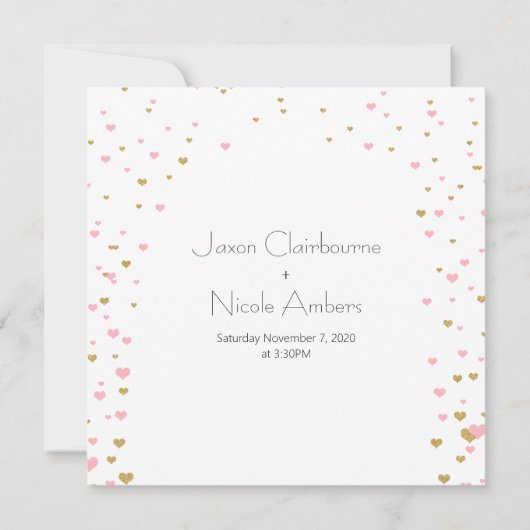 ピンクの金ゴールドハートカスケード計画の変更 招待状 (裏面)