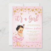 ピンクの金ゴールドハートガールツチュベビーシャワー招待状 招待状 (正面)
