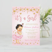 ピンクの金ゴールドハートガールツチュベビーシャワー招待状 招待状 (スタンド正面)