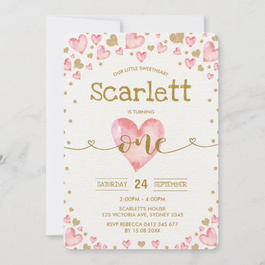 ピンクの金ゴールドハートスウィートアート1st誕生日招待状 招待状 (正面)