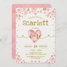 ピンクの金ゴールドハートスウィートアート1st誕生日招待状 招待状
