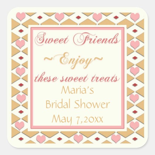 ピンクの金ゴールドハートダイヤモンドキャンディビュッフェスティッカー スクエアシール (正面)