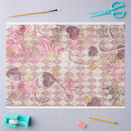 ピンクの金ゴールドハーレクインハートクラウンフローラデコページ 薄葉紙 (クラフト)