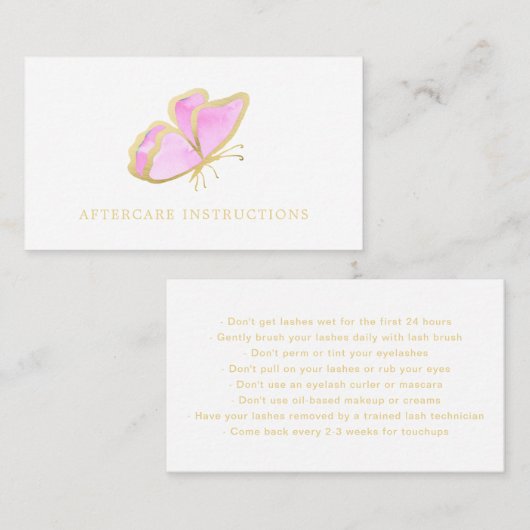 ピンクの金ゴールドバタフライラッシュアフターケアの指示 名刺 (正面/裏面)
