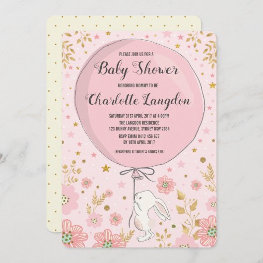 ピンクの金ゴールドバニーラビットベビーシャワーティーパーティー 招待状 (正面/裏面)