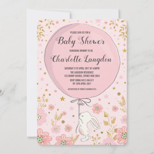 ピンクの金ゴールドバニーラビットベビーシャワーティーパーティー 招待状 (正面)