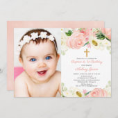 ピンクの金ゴールドバプテスマと1歳の誕生日のフォトガール 招待状 (正面/裏面)